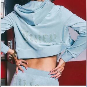 NEW! NWT JUICY COUTURE Velour OG Bling Tracksuit Hoodie & Pant Set Light Blue S